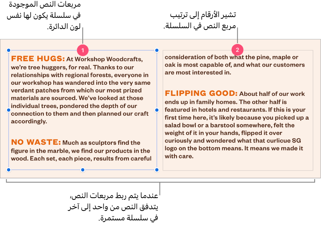 اثنان من مربعات النص مع وجود دوائر أرجوانية في الجزء العلوي ورقمي 1 و2 داخل الدوائر.