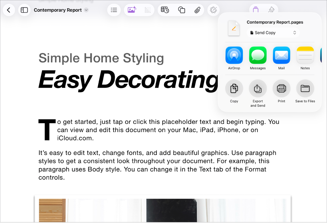 في مستند عمل، مع فتح خياري مشاركة أو تصدير.