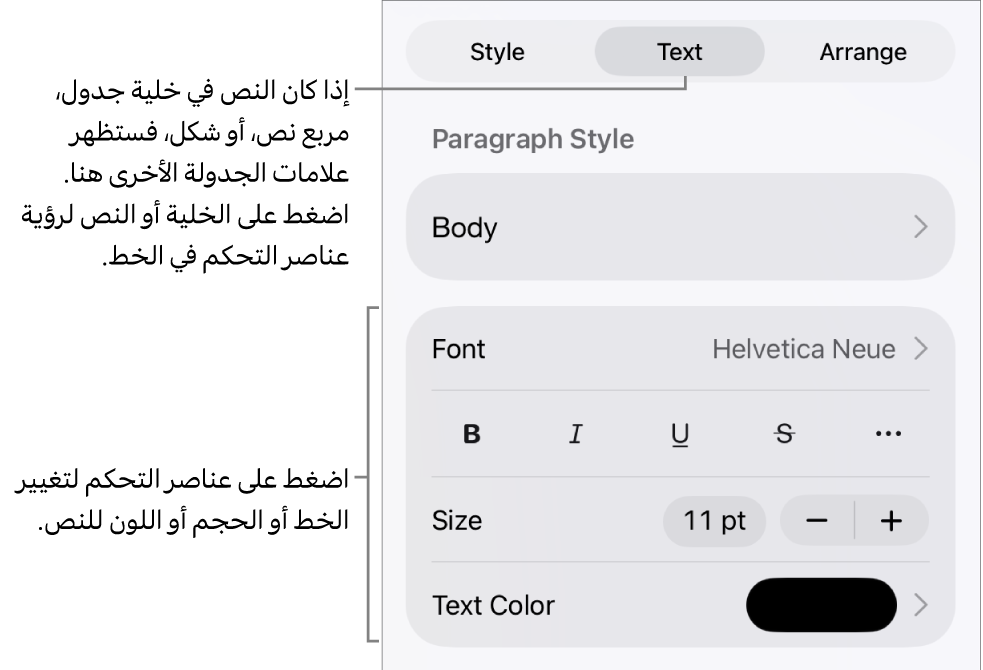 عناصر التحكم في النص في قائمة التنسيق لإعداد أنماط الأحرف والفقرات، والخط، والحجم، واللون.