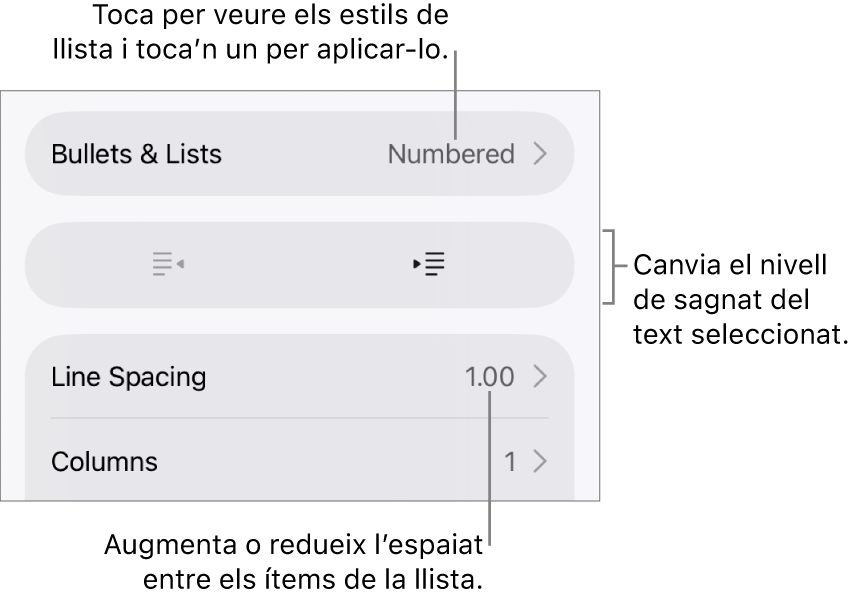 La secció “Vinyetes i llistes” dels controls de Format amb llegendes de “Vinyetes i llistes”, botons de sagnat i de sagnat esquerre, i controls d’interlineat.
