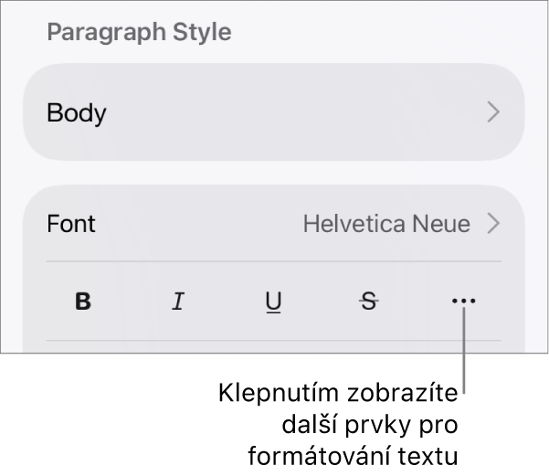 Panel Text v ovládacích prvcích formátování; popiskem je označeno tlačítko Další textové volby