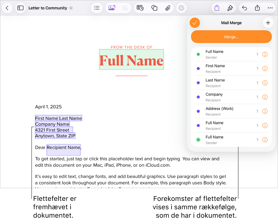 Pages-dokument med flettefelter til modtageradresse, hvor eksempelteksten, der bliver erstattet, er fremhævet. Forekomster af flettefelterne vises på menuen Brevfletning.