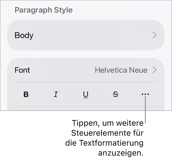 Der Tab „Text“ der Formatsteuerungen mit einer Beschreibung für die Taste „Weitere Textoptionen“.