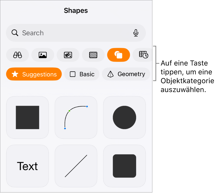Die Steuerelemente zum Hinzufügen eines Objekts mit Tasten am oberen Rand zum Auswählen von Tabellen, Diagrammen und Formen (einschließlich Linien und Textfelder) sowie Medien