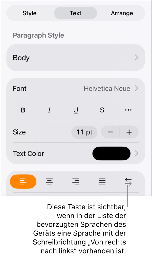Die Textsteuerelemente im Menü „Format“ mit einer Beschreibung der Taste „Von rechts nach links“