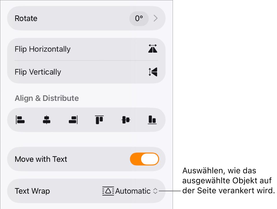 In den Formatsteuerungen ist der Tab „Anordnen“ ausgewählt und die Steuerelemente für „Nach hinten/vorn bewegen'“, „Mit Text bewegen“ und „Textumbruch“ sind zu sehen.