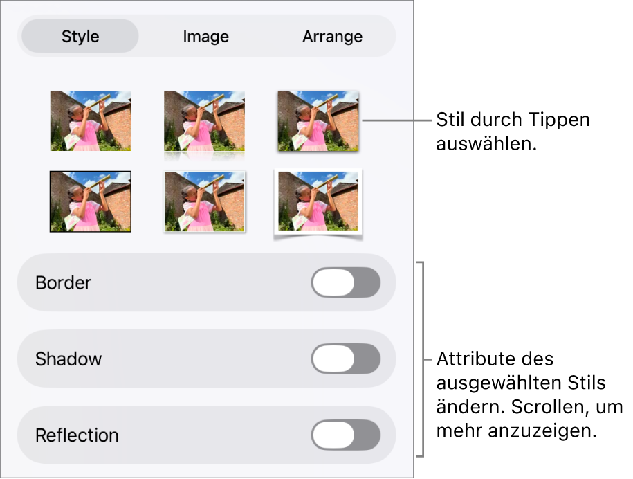 Der Tab „Stil“ des Menüs „Format“ mit Objektstilen oben und Steuerelementen zum Ändern des Rahmens, des Schattens, der Reflexion und der Deckkraft darunter.