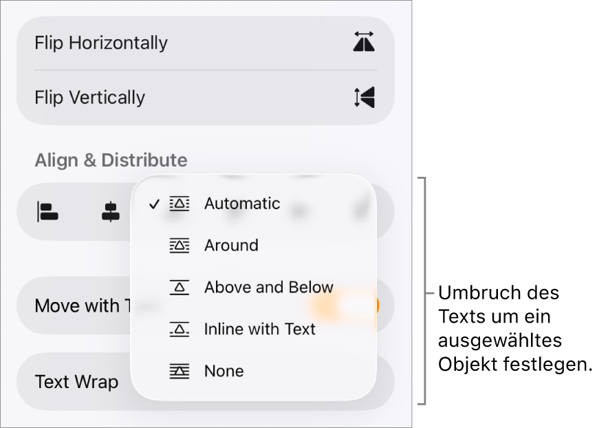 In den Formatsteuerungen ist der Tab „Anordnen“ ausgewählt. Darunter befinden sich die Steuerelemente für Textumbruch mit „Nach hinten/vorn bewegen“, „Mit Text bewegen“ und „Textumbruch“.