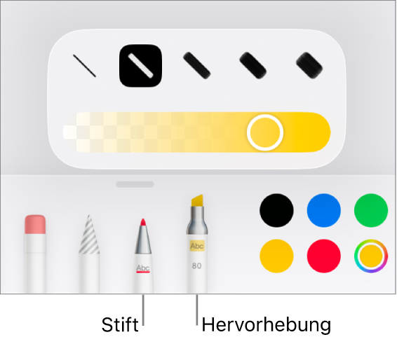 Das Werkzeug für intelligente Anmerkungen mit den Tasten für das Stift- und Markerwerkzeug, den Optionen für die Linienstärke und dem Schieberegler „Deckkraft“.