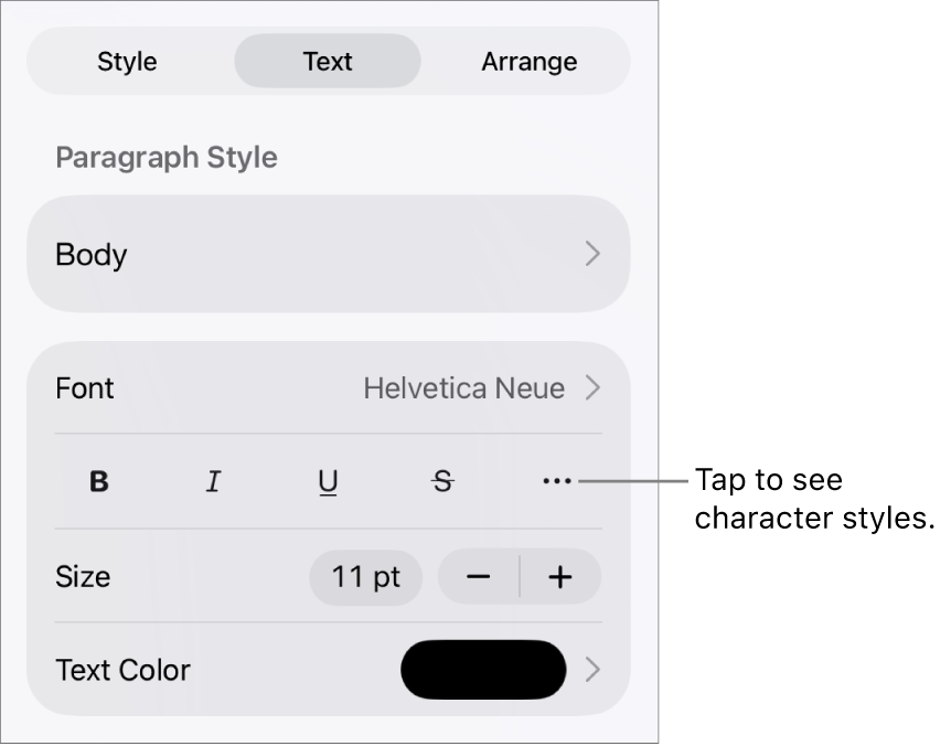 The Format controls with paragraph styles at the top, then Font controls. Below Font are the Bold, Italic, Underline, Strikethrough and More Text Options buttons.