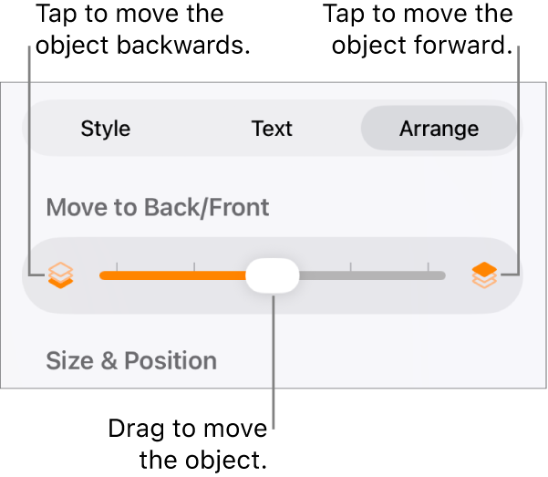 The Move Backward button, the Move Forward button and the layering slider.
