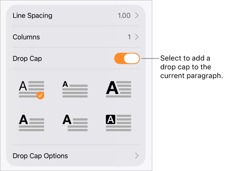The Drop Cap controls located in the Text menu.