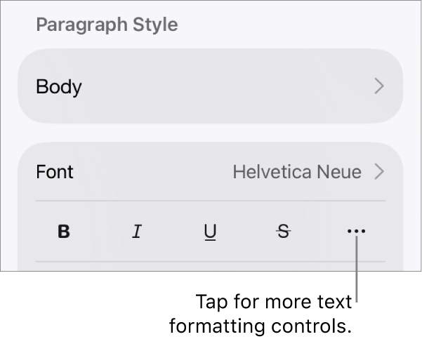 The Text tab of the Format controls, with a callout to the More Text Options button.