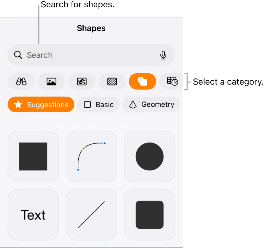 The shapes library, with categories at the top and shapes displayed below. You can use the search field at the top to find shapes and swipe to see more.