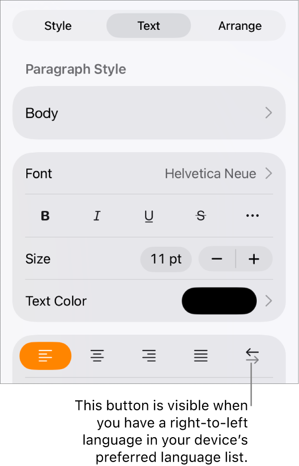 Text controls in the Format menu with a callout pointing to the Right to Left button.