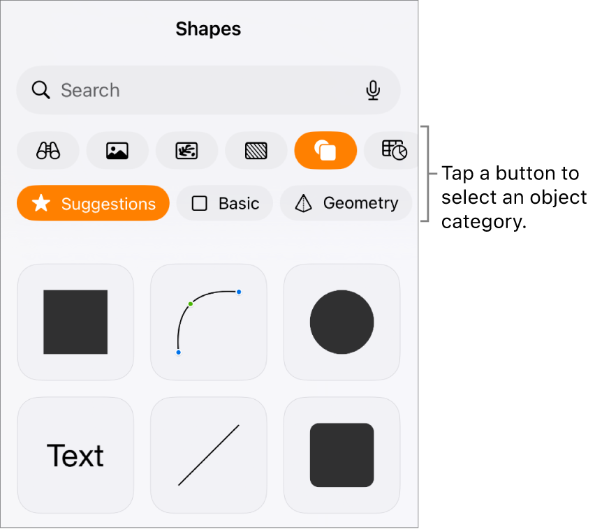 The controls for adding an object, with buttons at the top to choose tables, charts, shapes (including lines and text boxes), and media.