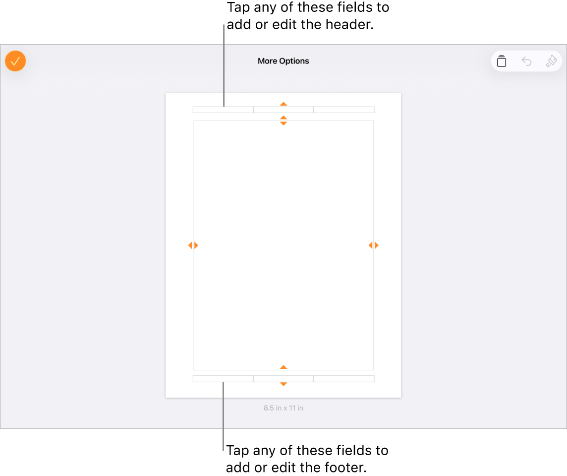 The More Options view with three fields at the top of the document for headers and three fields at the bottom for footers.