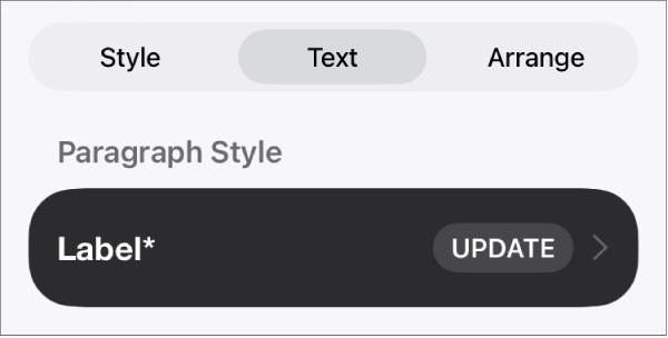 The Body paragraph style with an asterisk next to it and an Update button on the right.