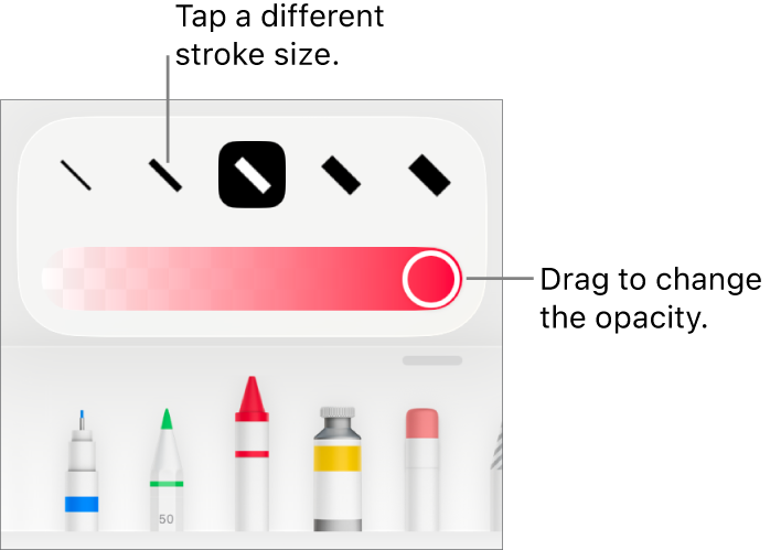 Controls for choosing a stroke size and a slider for adjusting the opacity.