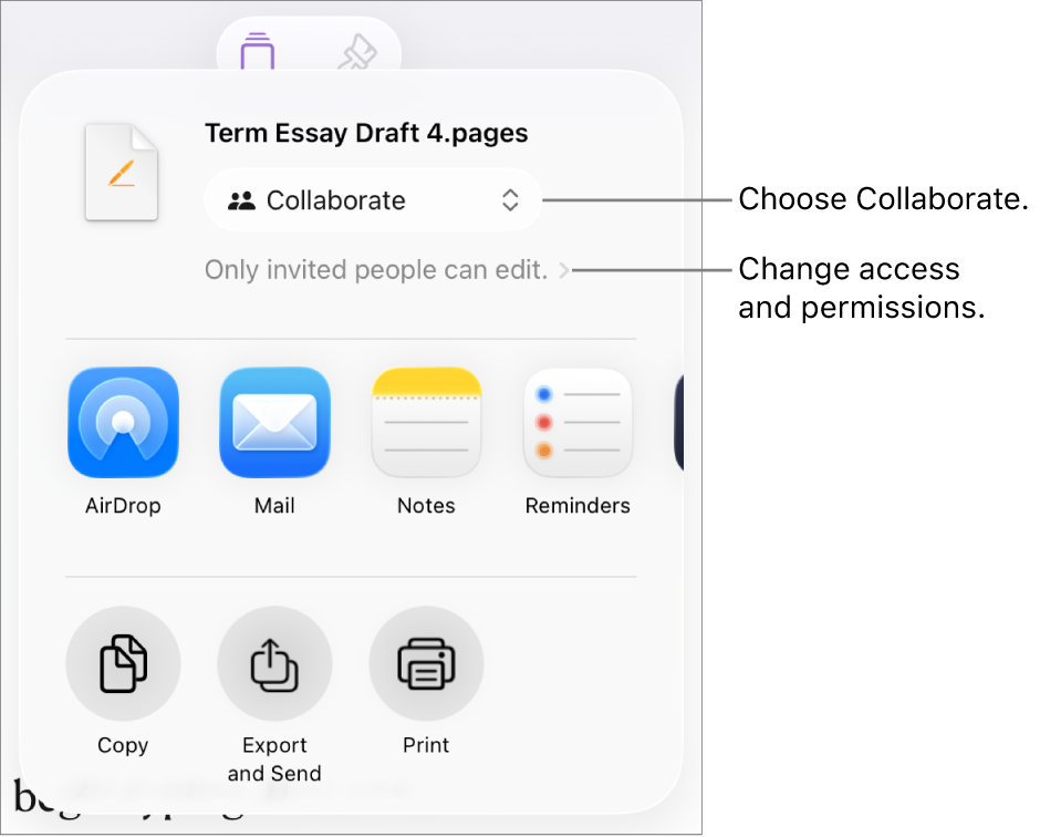 The Share menu with Collaborate selected at the top, and access and permission settings underneath.