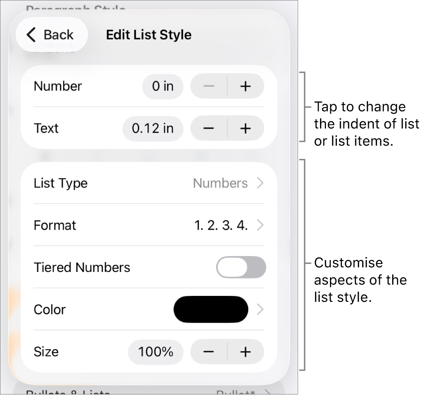 Edit List Style menu with controls for indent spacing, list type and format, tiered numbers, list colour and size, and continued numbering.