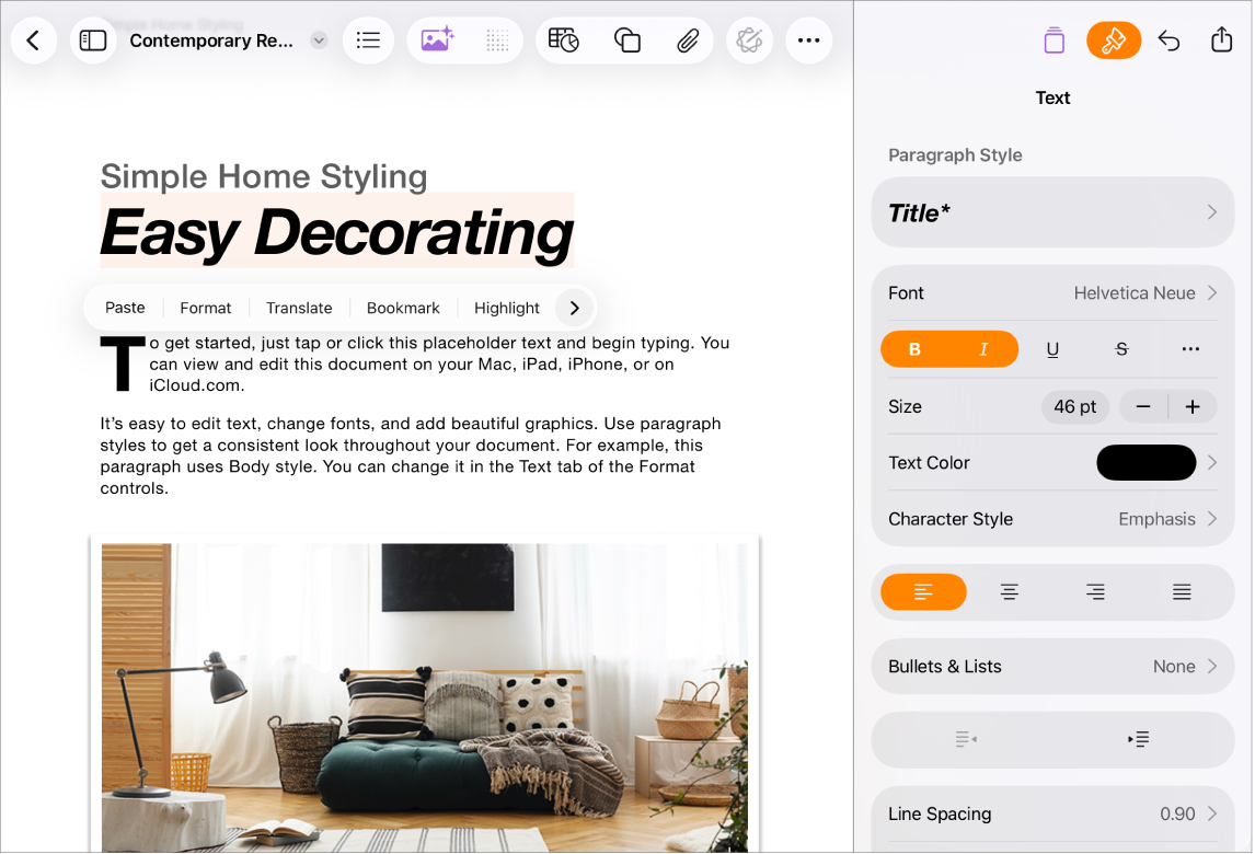 Pages document open with text selected and text formatting options open.