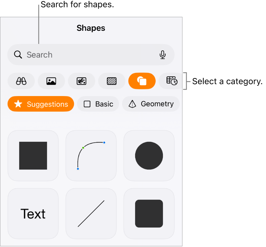 The shapes library, with categories at the top and shapes displayed below. You can use the search field at the top to find shapes and swipe to see more.