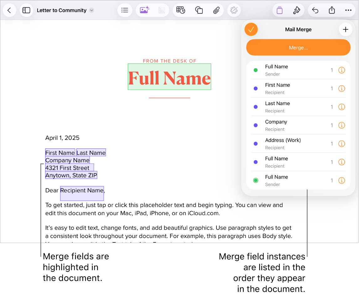 Pages document with recipient address merge fields highlighting the placeholder text that will be replaced, and the merge field instances listed in the Mail Merge menu.
