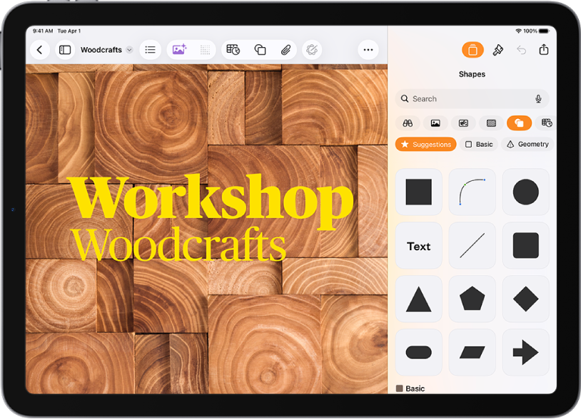 The Insert menu with buttons across the top to add tables, charts, shapes, and media. Shapes is selected and its menu shows a row of categories with a Search button on the left. The category Activities is selected and shapes appear below.
