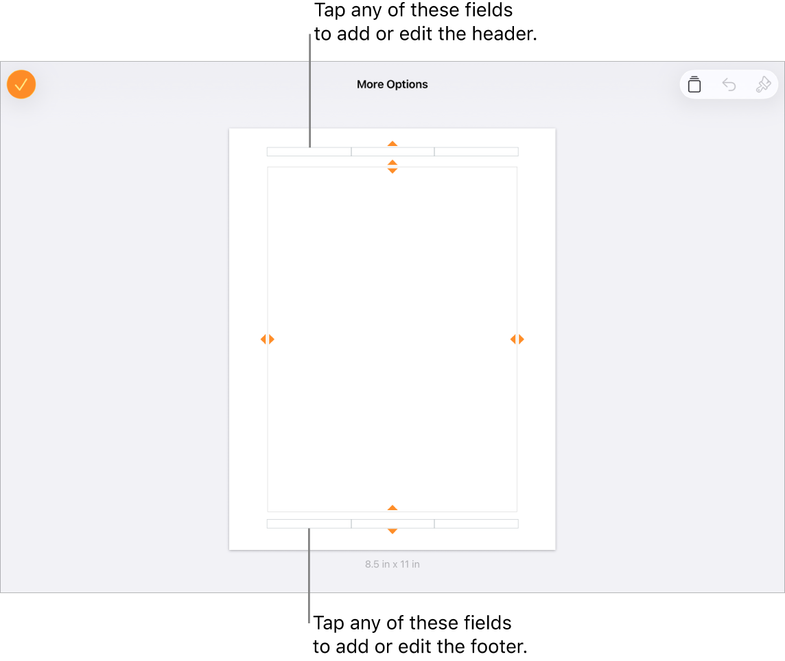The More Options view with three fields at the top of the document for headers and three fields at the bottom for footers.