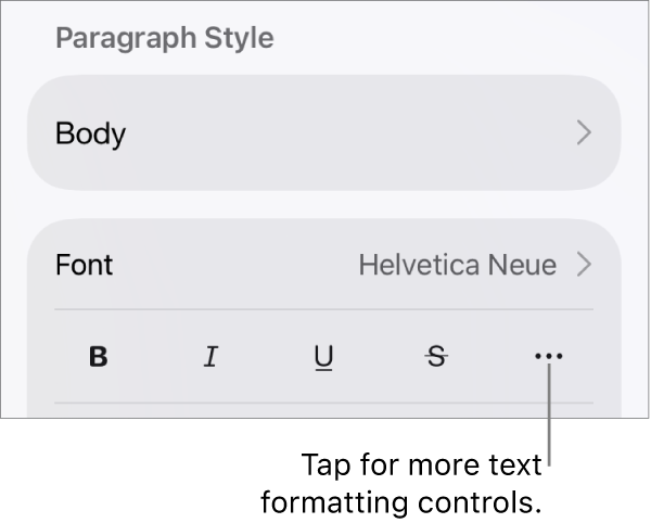 The Text tab of the Format controls, with a callout to the More Text Options button.