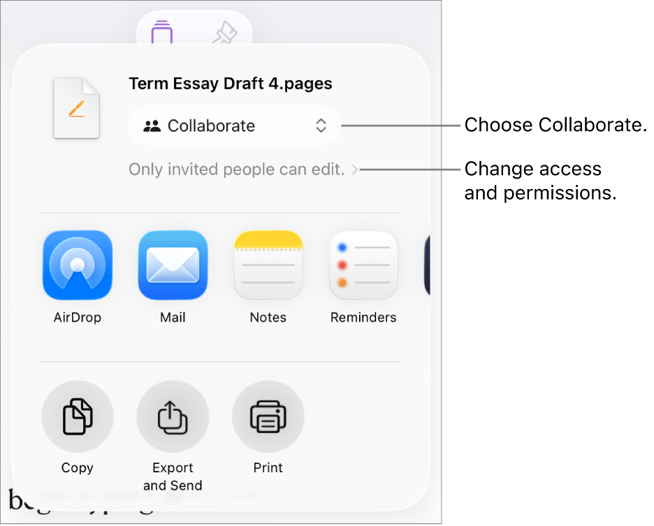 The Share menu with Collaborate selected at the top, and access and permission settings underneath.