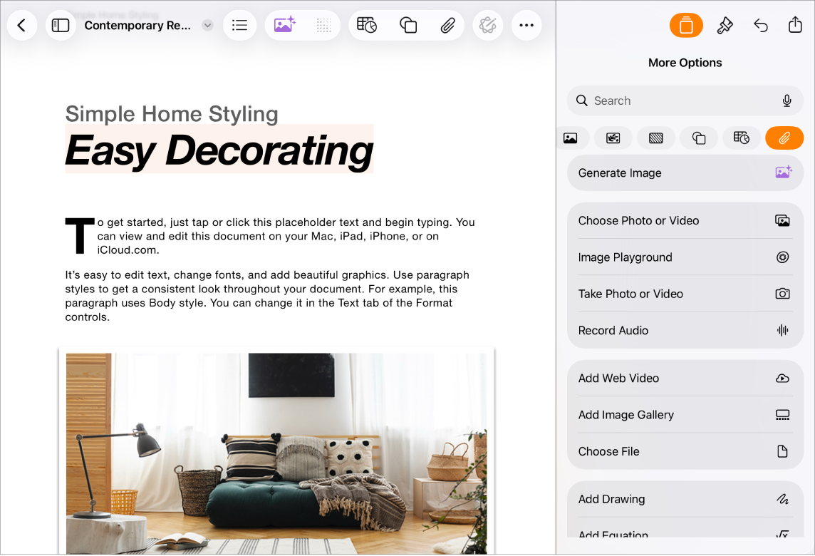 Pages document open with the Insert menu displayed and media menu open.