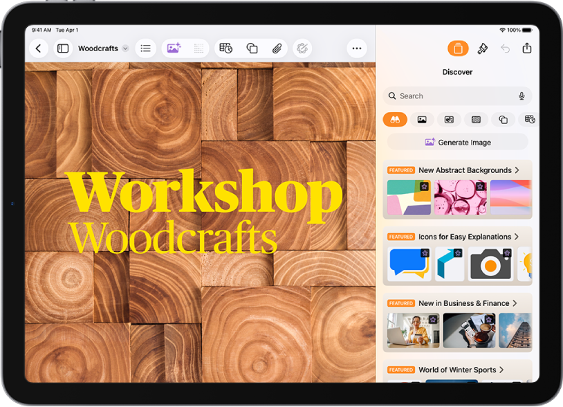 The Discover category of the Content Hub showing options to generate an image or add premium images to a document.