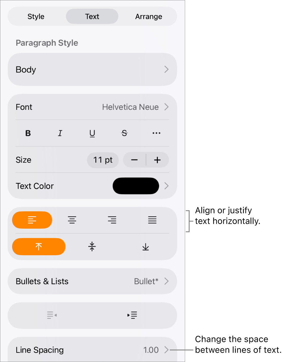 The Format controls button with the Text tab selected and callouts to the text alignment buttons and Line Spacing menu item.