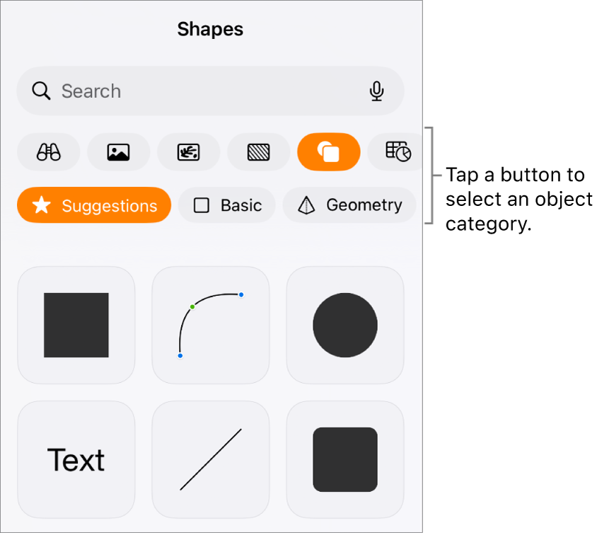 The controls for adding an object, with buttons at the top to choose tables, charts, shapes (including lines and text boxes), and media.