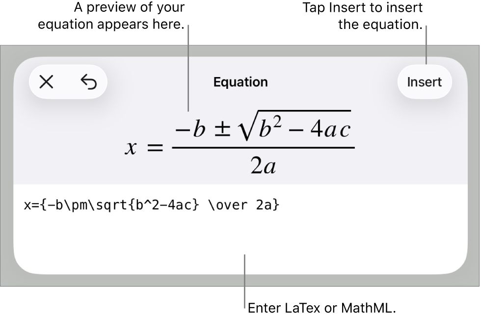 The Equation dialog, showing an equation written using MathML commands, and a preview of the formula above.