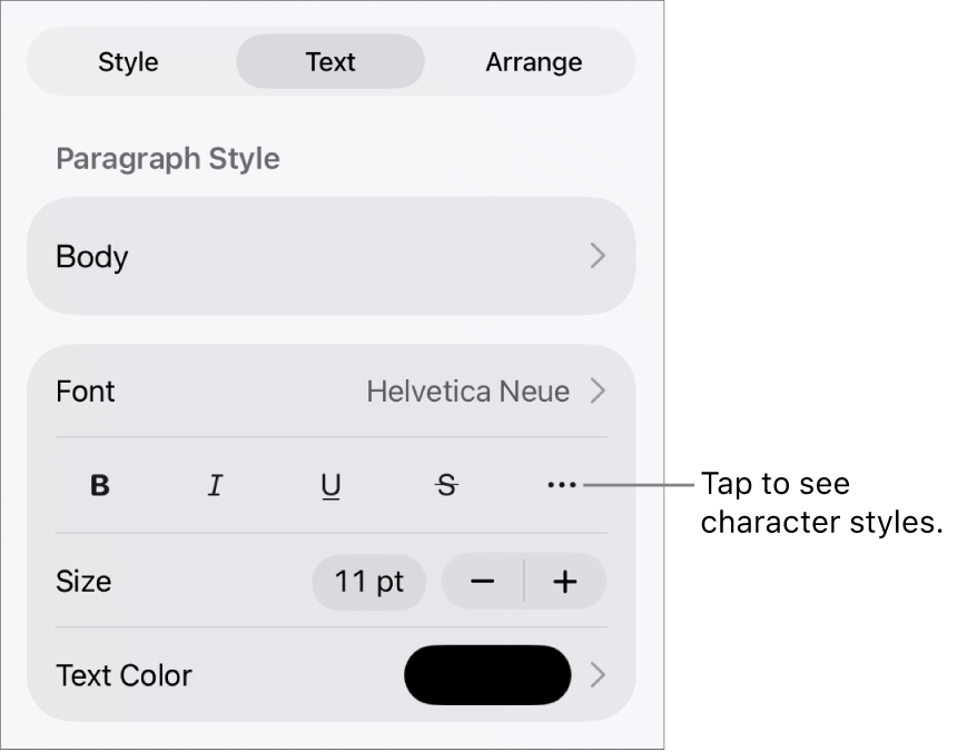 The Format controls with paragraph styles at the top, then Font controls. Below Font are the Bold, Italic, Underline, Strikethrough, and More Text Options buttons.