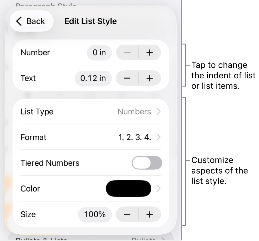 Edit List Style menu with controls for indent spacing, list type and format, tiered numbers, list color and size, and continued numbering.