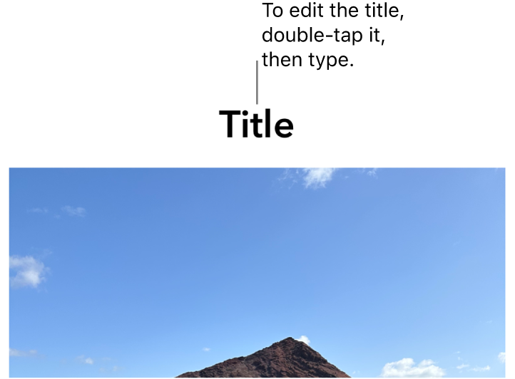 The placeholder title, “Title,” appears below a photo; a blue outline around the title field shows it’s selected.