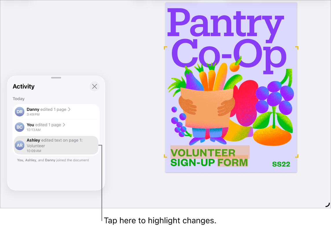 A collaborative document with the activity list open.