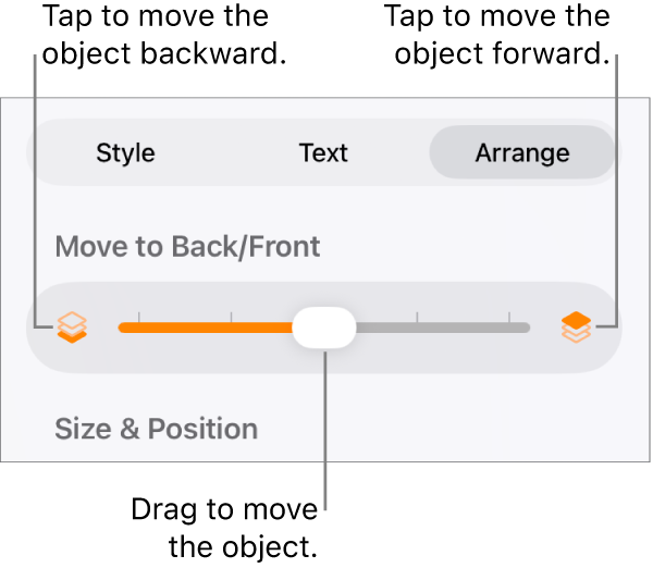 The Move Backward button, the Move Forward button, and the layering slider.
