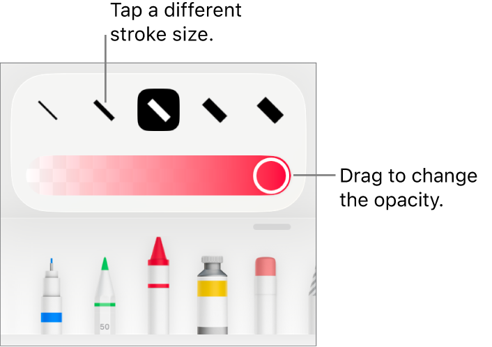 Controls for choosing a stroke size and a slider for adjusting the opacity.