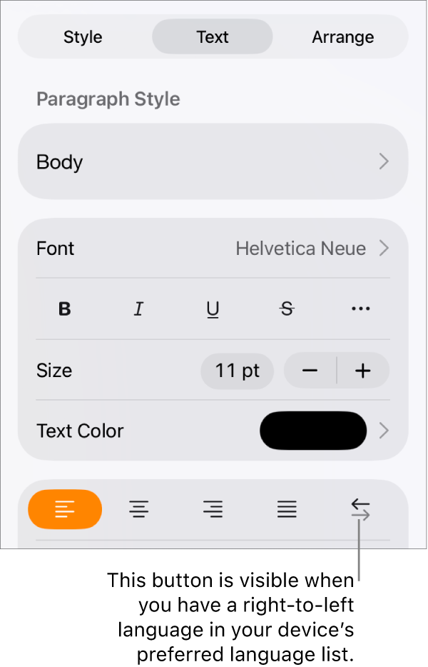 Text controls in the Format menu with a callout pointing to the Right to Left button.