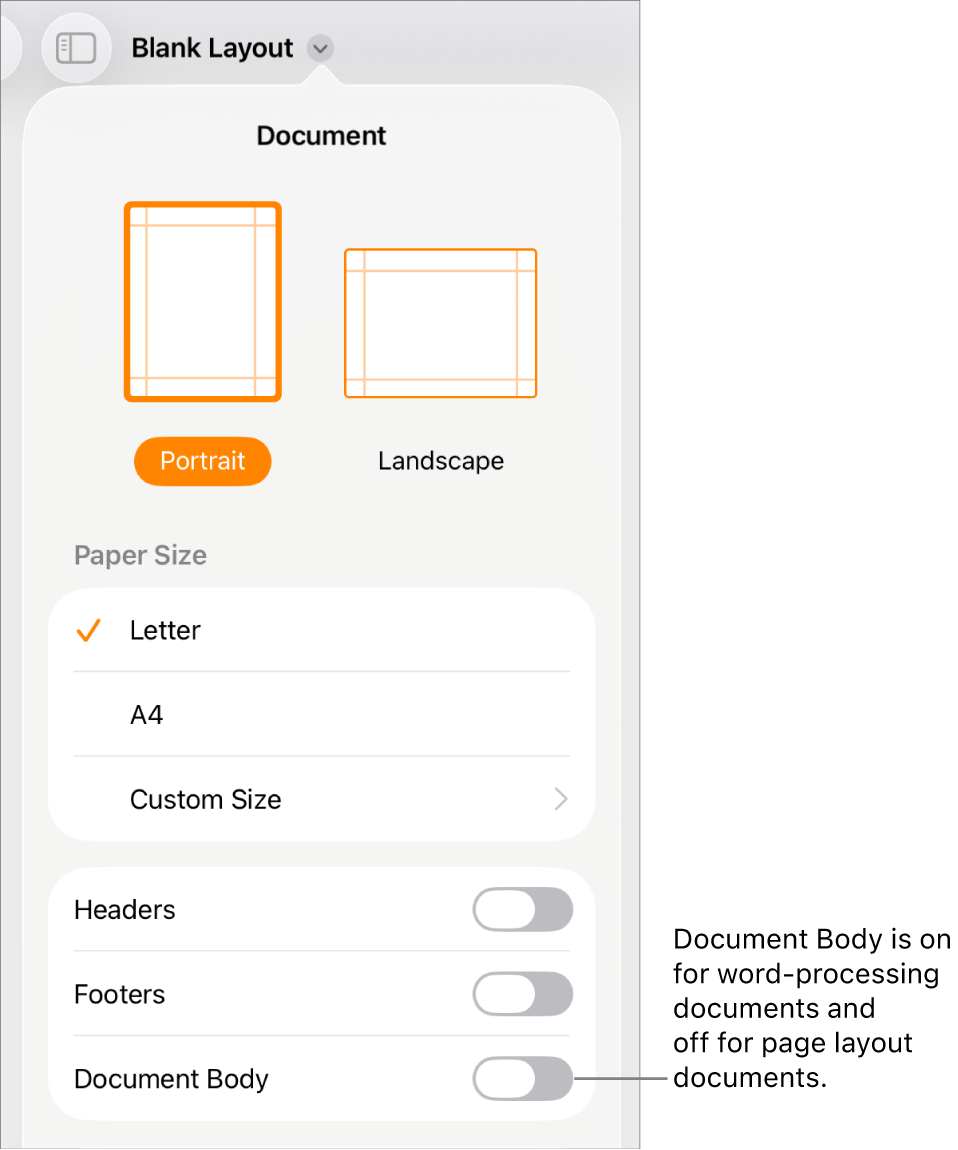 The Document format controls with Document Body turned on near the bottom of the screen.
