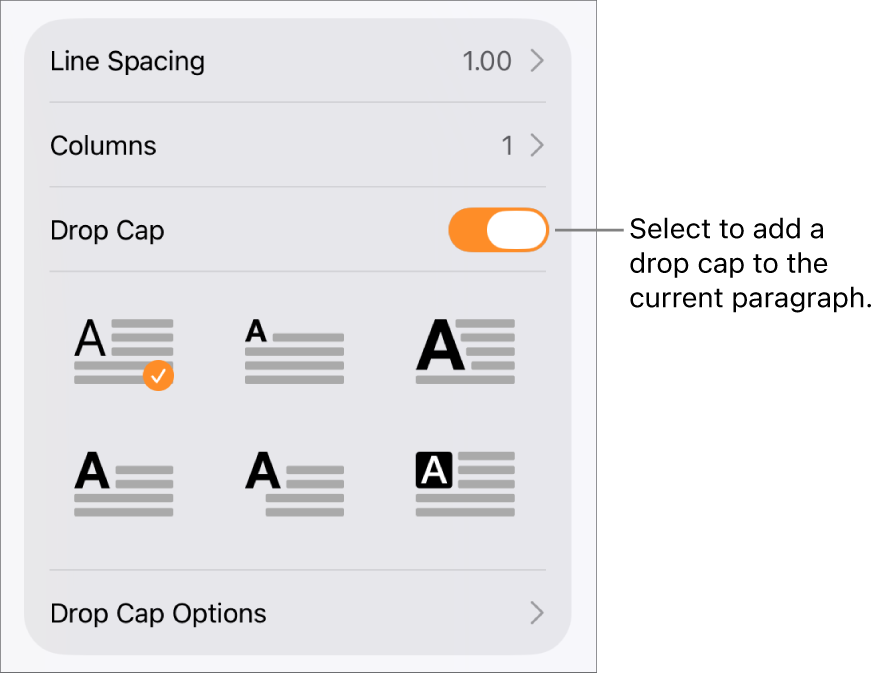 The Drop Cap controls located in the Text menu.