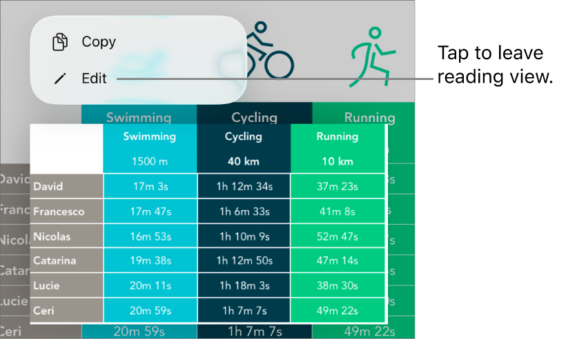 A table cell is selected, and above it is a menu with Copy and Edit buttons.