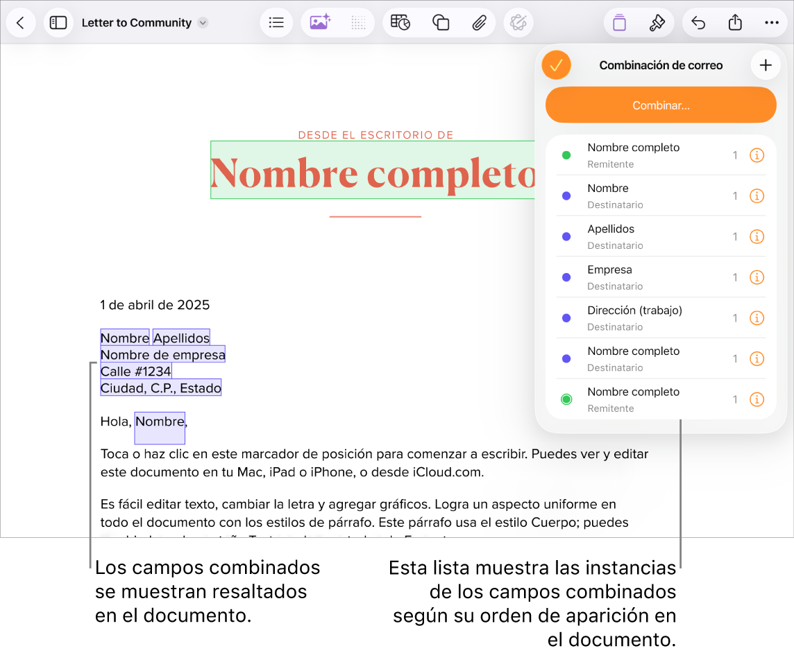 Un documento de Pages con los campos de combinación de direcciones de los destinatarios, en el que se resalta el texto de marcador de posición que se reemplazará, y las instancias de los campos de combinación que aparecen en el menú Combinación de correo.