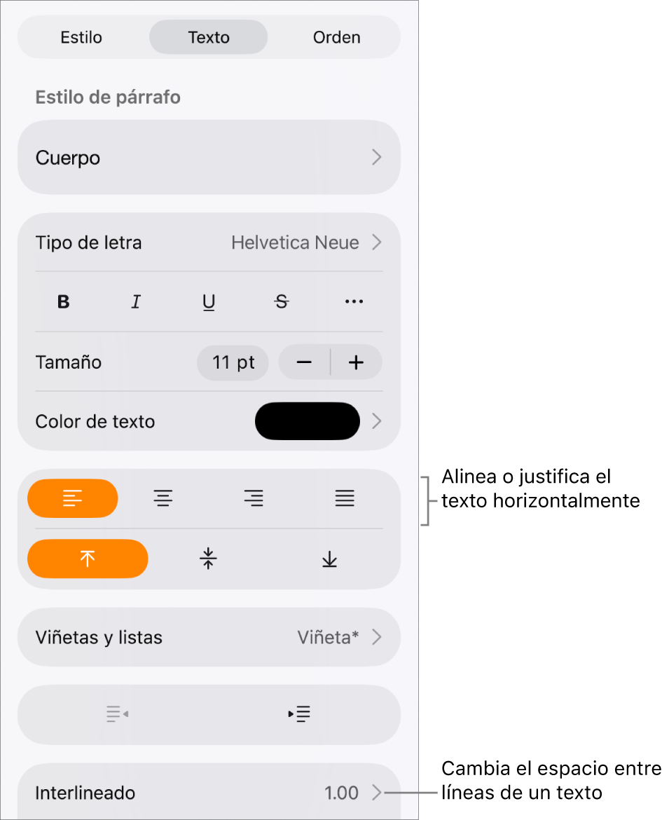 El botón controles de formato con la pestaña Texto seleccionada y mensajes en los botones de alineación de texto y el elemento de menú Interlineado.