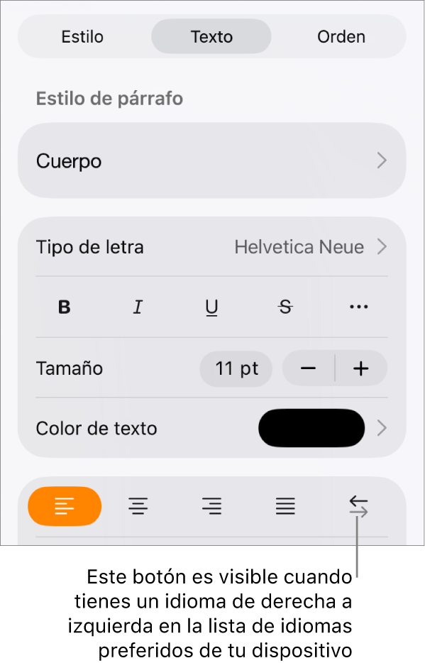 Los controles de texto se encuentran en el menú de Formato con un mensaje que señala el botón de derecha a izquierda.